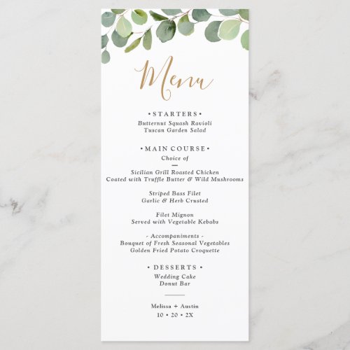 Simple Greenery Eucalyptus Menu - Designed to coordinate with our Mixed Greenery wedding collection, this customizable Menu features watercolor greenery foliage with gold and gray text and a gold frame on the back. To make advanced changes, go to "Click to customize further" option under Personalize this template.