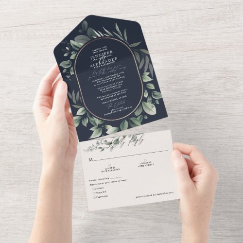 Simple Greenery Eucalyptus  Navy Wedding All In One Invitation