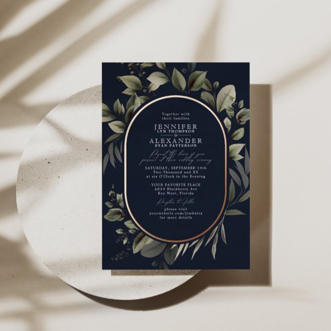 Simple Greenery Eucalyptus Navy Wedding Rose Foil Invitation (Creator Uploaded)