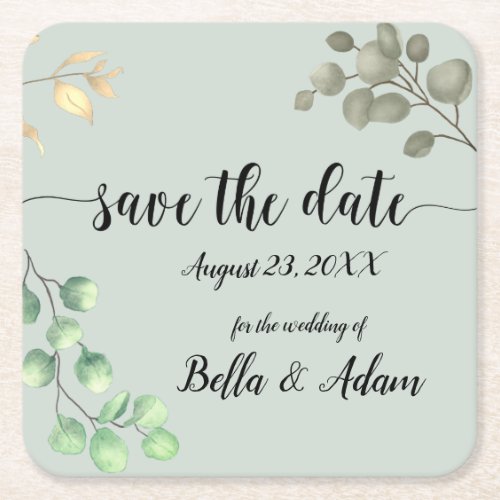 Simple Greenery Floral Eucalyptus Wedding Square Paper Coaster