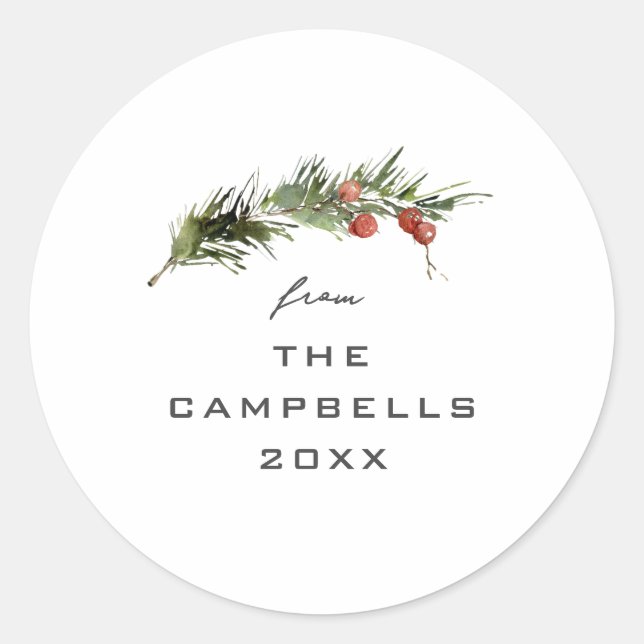 Simple Greenery Foliage Christmas Card Gift Classic Round Sticker (Front)
