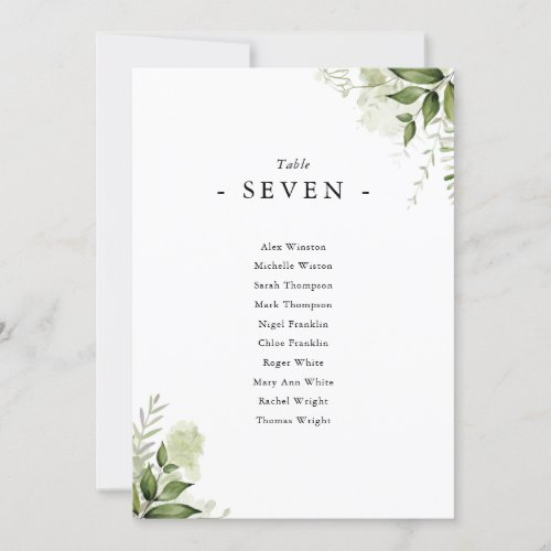 Simple Greenery Foliage Seating Plan Table Number - These elegant botanical greenery leaves wedding table numbers can be personalized with your guests' seating plan set in chic typography. The cards are printed on the front and back (double-sided). Designed by Thisisnotme©