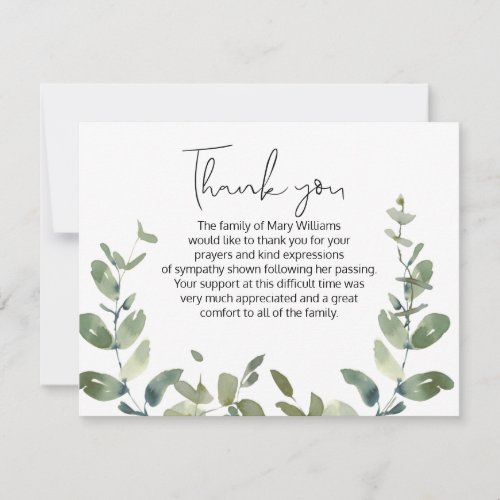 Simple Greenery Funeral Thank You Note Card