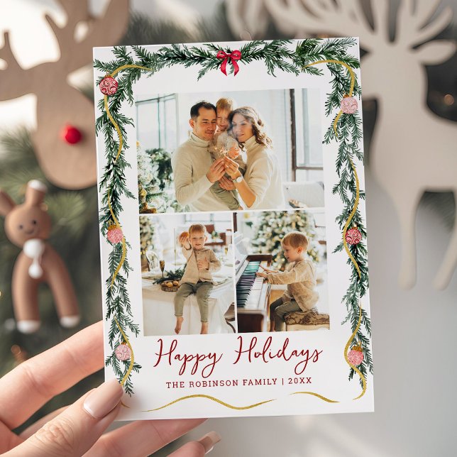 Simple Greenery Garlands Happy Holidays 3 Photo Holiday Card (Creator Uploaded)