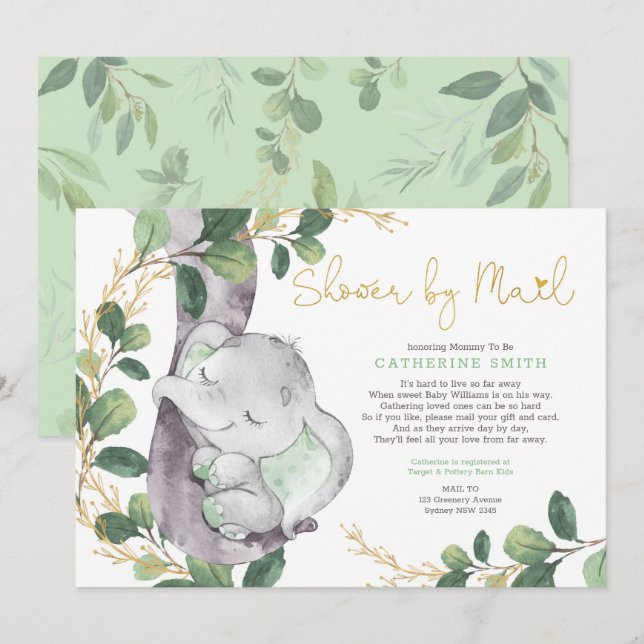 Simple Greenery Gold Elephant Baby Shower By Mail Invitation (Front/Back)