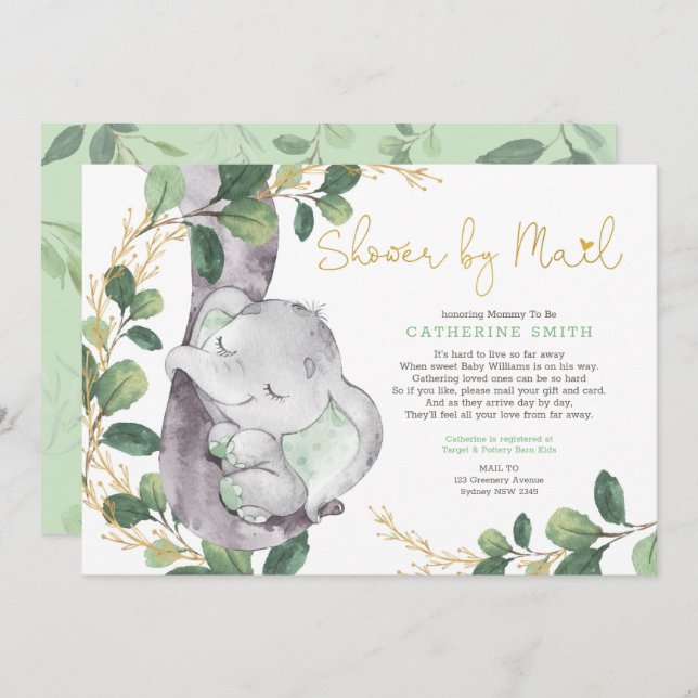 Simple Greenery Gold Elephant Baby Shower By Mail Invitation (Front/Back)