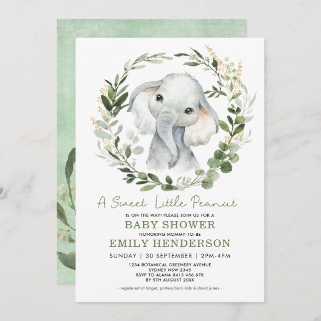 Simple Greenery Gold Elephant Baby Shower Sprinkle Invitation (Front/Back)