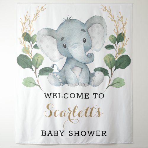 Simple Greenery Gold Elephant Baby Shower Welcome Tapestry