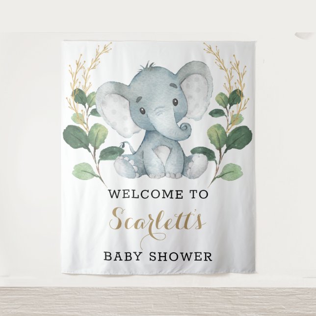Simple Greenery Gold Elephant Baby Shower Welcome Tapestry (Front)