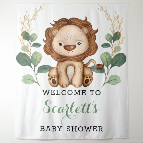 Simple Greenery Gold Lion Boy Baby Shower Welcome Tapestry