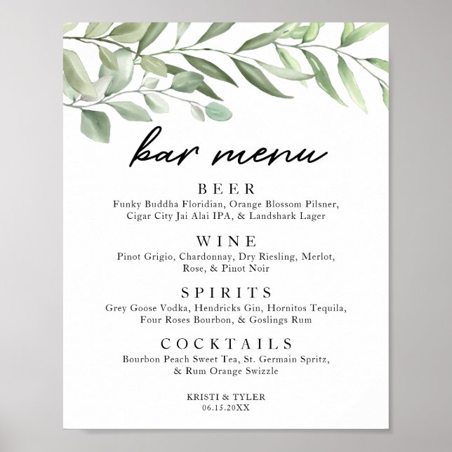 Simple Greenery Leaves Bar Menu Poster (Front)