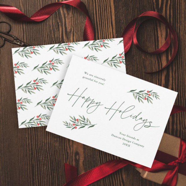 Simple Greenery Leaves Business  Holiday Card (A simple script greenery leaves green and red business holiday card.)