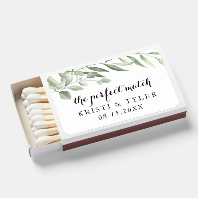 Simple Greenery Leaves Wedding Favor Matchboxes (Front Open)