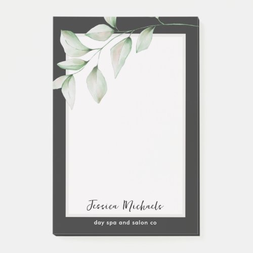 Simple Greenery Name and Business Title Black Post_it Notes