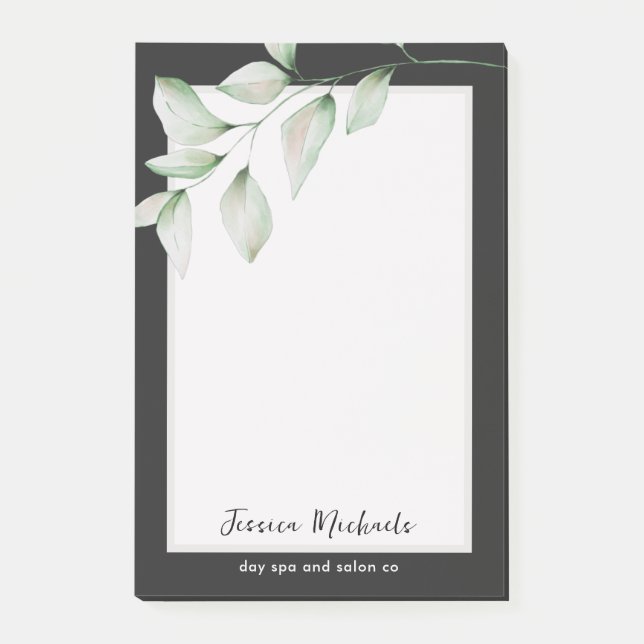 Simple Greenery Name and Business Title Black Post-it Notes (Front)