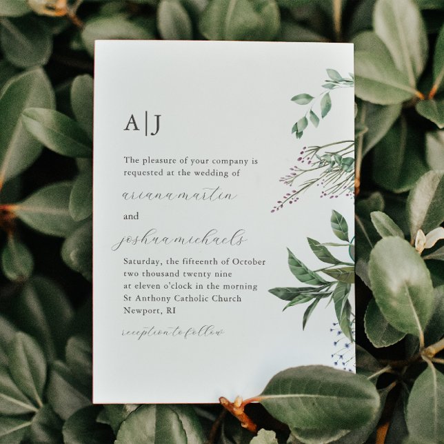 Simple Greenery Photo and Monogram Wedding Invitation (Creator Uploaded)