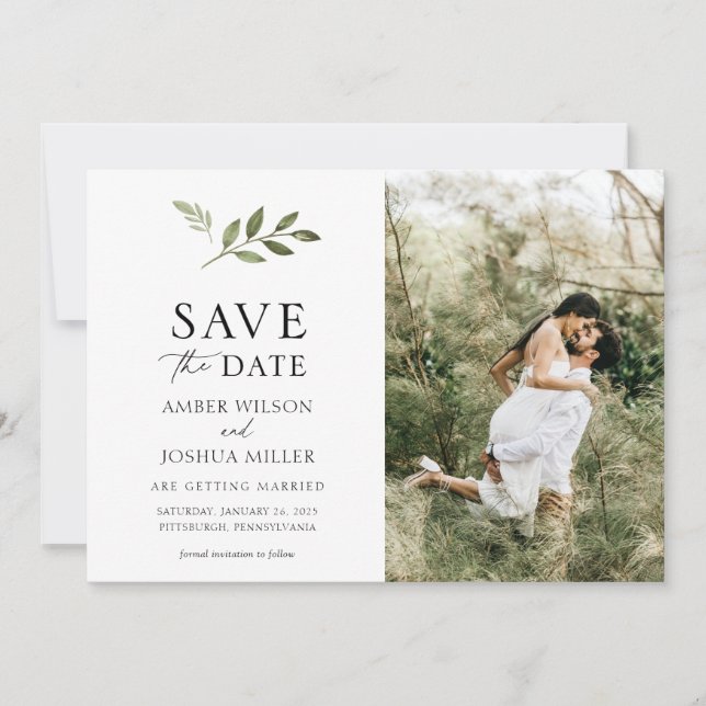 Simple Greenery Photo Save the Date  Invitation (Front)