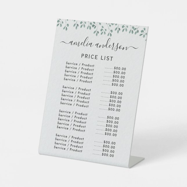 Simple Greenery Price List Menu Pedestal Sign (Front)