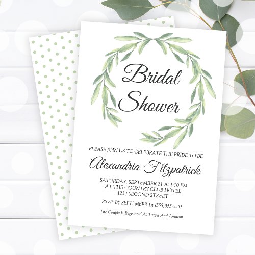 Simple Greenery Watercolor Wreath Bridal Shower Invitation