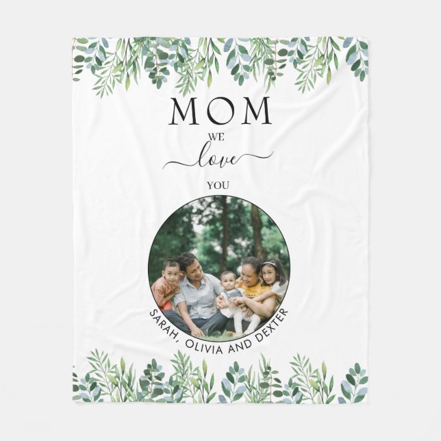 Simple Greenery We Love You Mom Grandma Photo Fleece Blanket (Front)