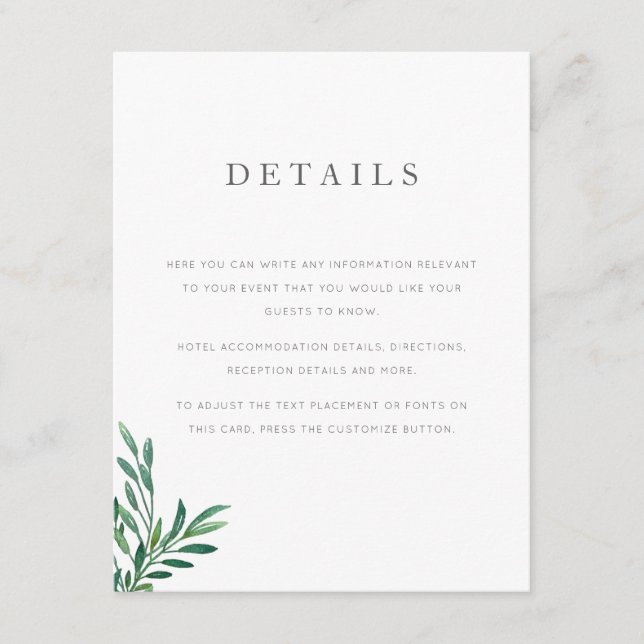 Simple Greenery Wedding Details Card (Front)