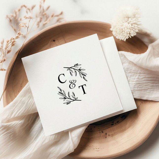 Simple Greenery  Wedding Monogram  Napkins (Simple Wedding Monogram Greenery Cocktail Party Napkins.)