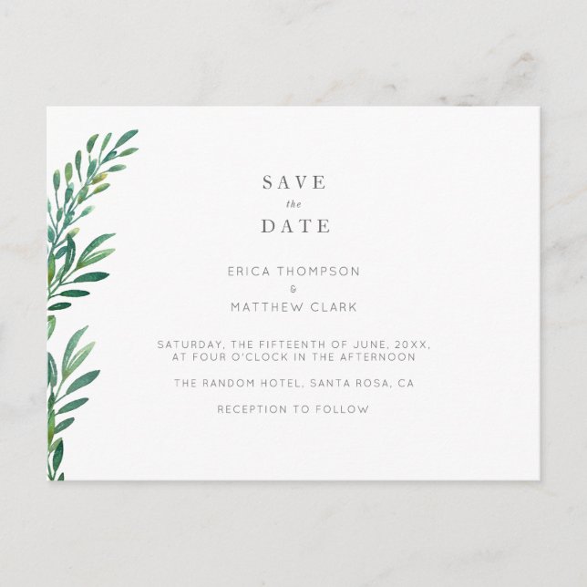 Simple Greenery Wedding Save The Date Postcard (Front)