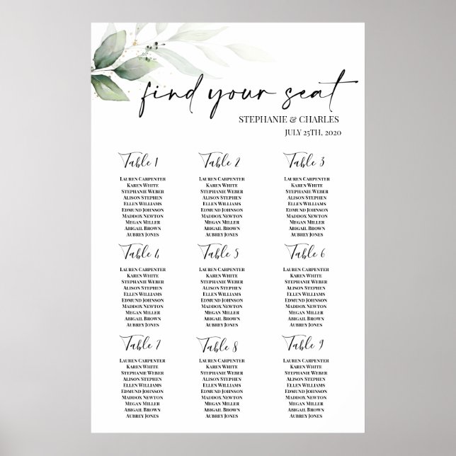 Simple Greenery Wedding Seating Chart (Front)