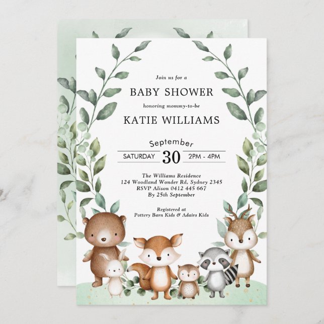 Simple Greenery Woodland Forest Animal Baby Shower Invitation (Front/Back)