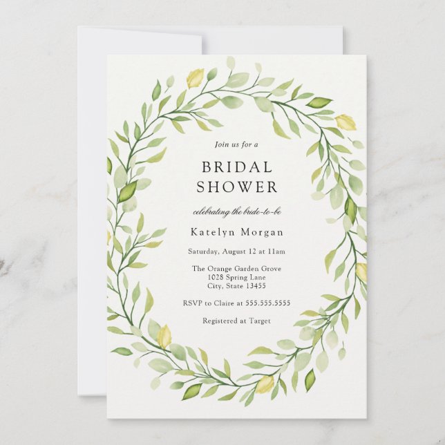 Simple Greenery Wreath Bridal Shower Invitation (Front)