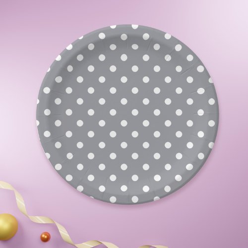 Simple Grey Big White Polka Dot Pattern Party Paper Plates