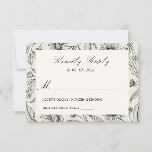 Simple Grey Black Daisy Vintage Floral Wedding  RSVP Card
