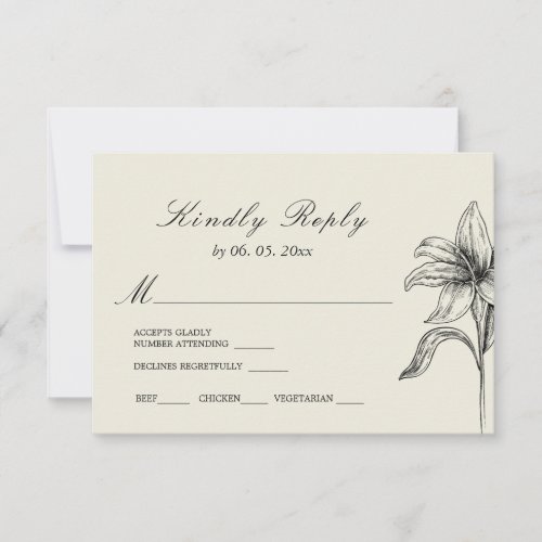 Simple Grey Black Hand Drawn Lily Floral Wedding RSVP Card