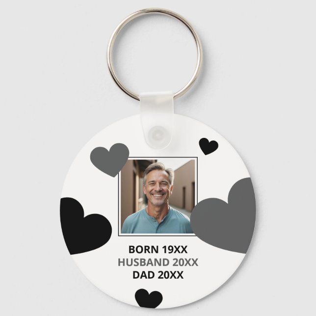 Simple Grey & Black Hearts Husband Keepsake Photo Keychain (Front)
