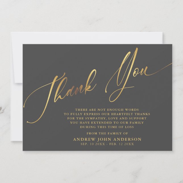 Simple Grey & Gold Calligraphy Funeral Thank You Card (Front)