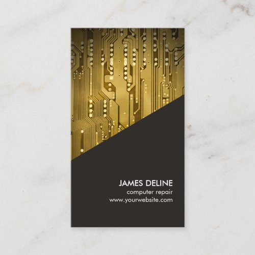 Simple Grey Gold Circuit Board Computer Repair Business Card