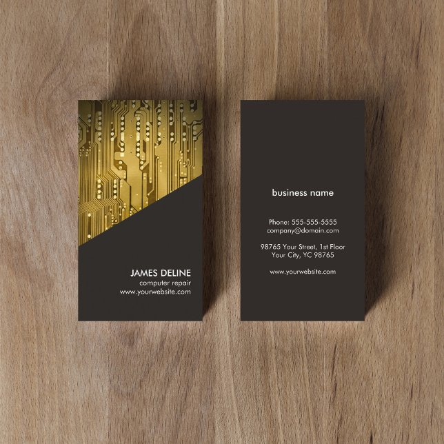 Simple Grey Gold Circuit Board Computer Repair Business Card (Creator Uploaded)