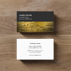 Simple Grey Gold Circuit Board Computer Repair Business Card