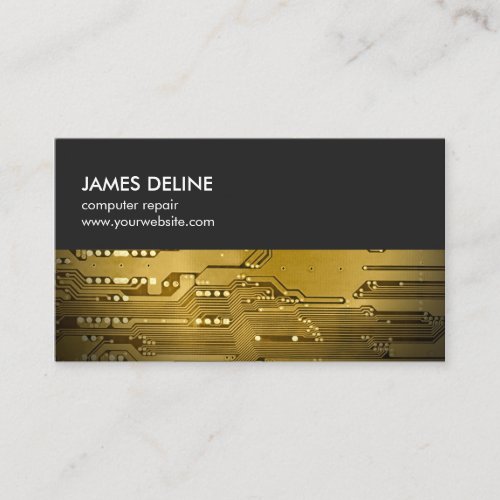 Simple Grey Gold Circuit Board Computer Repair Business Card
