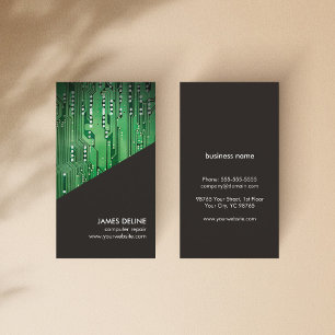 Simple Grey Green Circuit Board Computer Repair Business Card