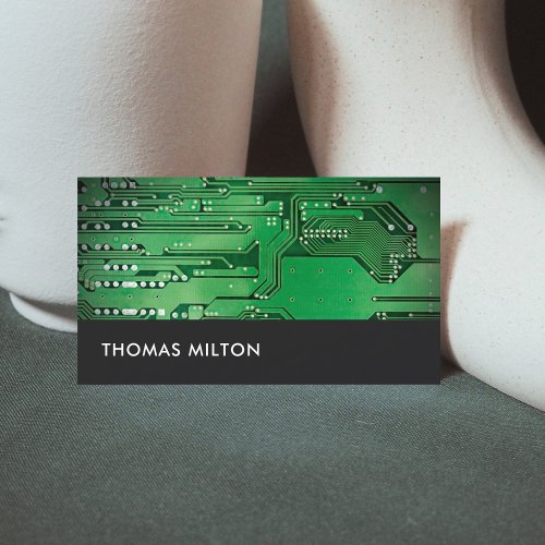 Simple Grey Green Circuit Board Computer Repair  Business Card