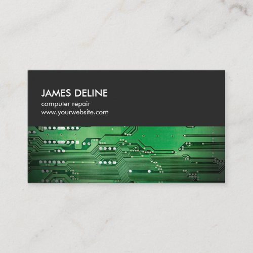 Simple Grey Green Circuit Board Computer Repair Business Card
