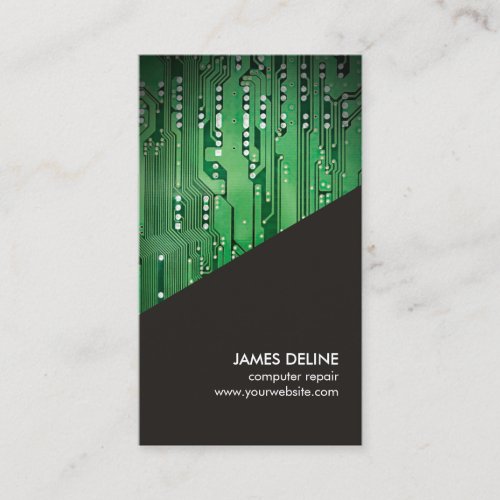 Simple Grey Green Circuit Board Computer Repair Business Card