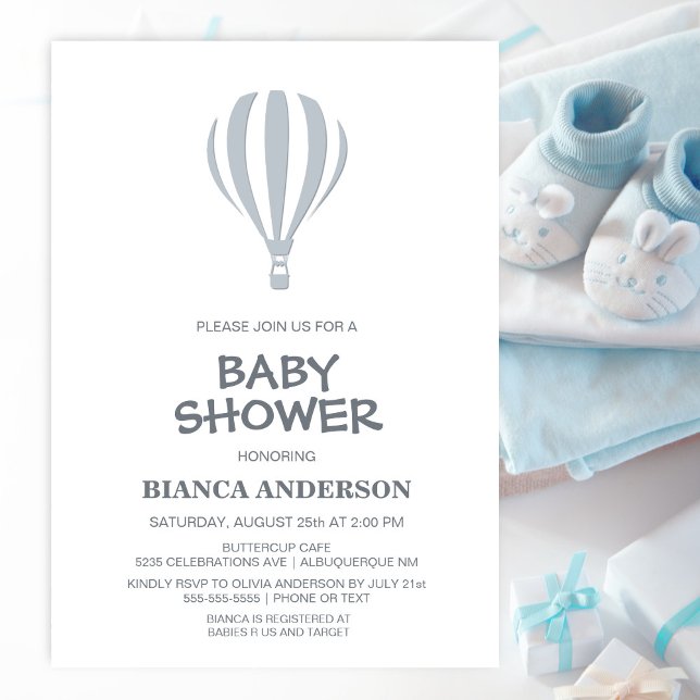 Simple Grey Hot Air Balloon Baby Shower Invitation (Creator Uploaded)