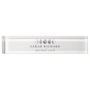 Simple Grey Lunar Celestial Moon Phase Watercolor Desk Name Plate