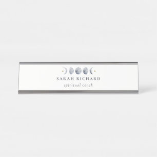 Simple Grey Lunar Celestial Moon Phase Watercolor Desk Name Plate