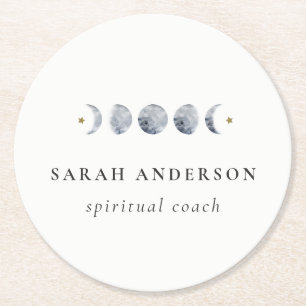 Simple Grey Lunar Celestial Moon Phase Watercolor Round Paper Coaster