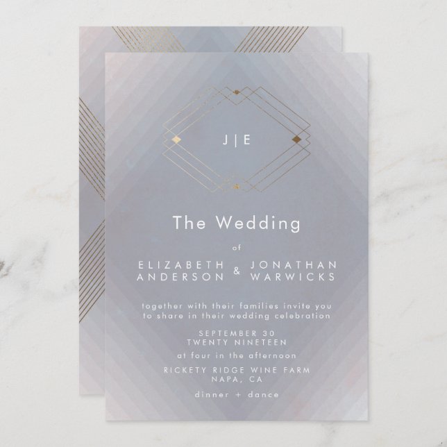 Simple Grey Modern Geometric Gold Wedding Invitation (Front/Back)
