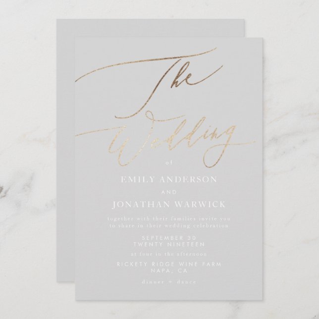 Simple Grey Modern Gold Calligraphy Wedding Invitation (Front/Back)