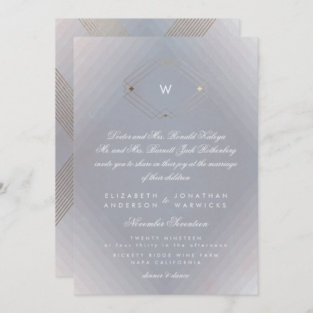 Simple Grey Modern Monogram Script Gold Invitation (Front/Back)